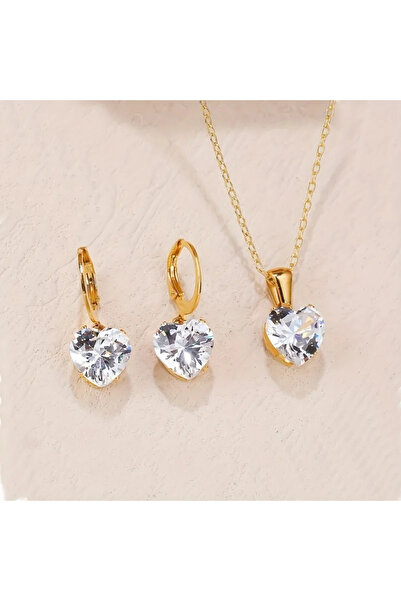 Peach Jewelry Σετ Καρδιά Λευκό Ζιρκόν Ανοξείδωτο Ατσάλι 304 Επιχρυσωμένο