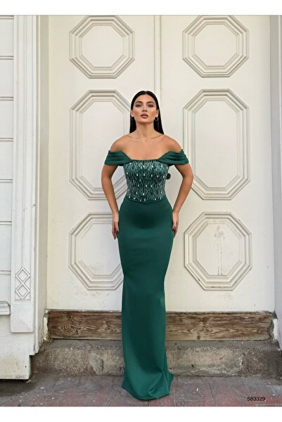 Modafeminen Sequined Long Evening Dress 583329 Emerald