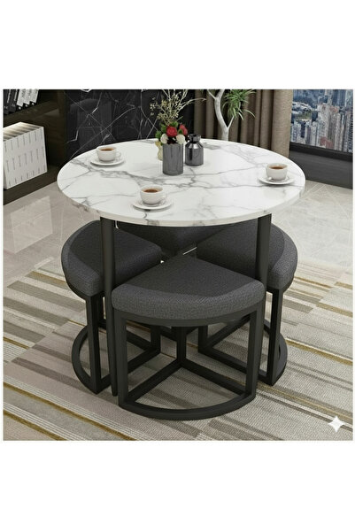 BUEM MOBİLYA ALARA 90 CM ÇAP SİYAH METAL YUVARLAK YEMEK MASASI TAKIMI 4 KİŞİL...