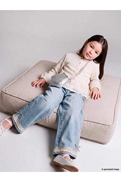 LC Waikiki Two Mt Shop Quality Lcw Kids Blue Lace Detailed Wideleg Girls' Jea...