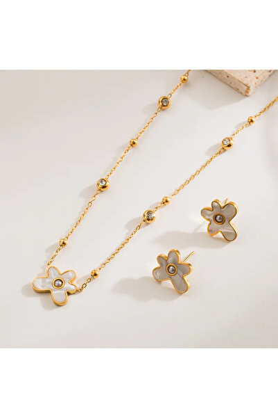 Peach Jewelry Σετ Λουλουδάκι Λευκό Με Φίλντισι Και Λευκά Και Μαύρα Ζιρκόν Ανο...