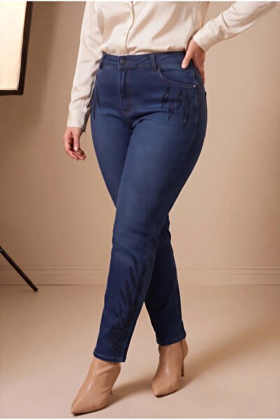 RMG Pocket and Leg Stone Detailed Ankle Length Large Size Trousers Navy Blue