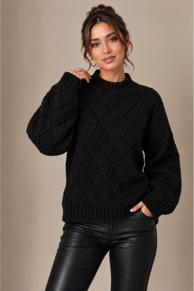 EGEMS TRİKO Women's Winter Diamond Patterned Knit Sweater