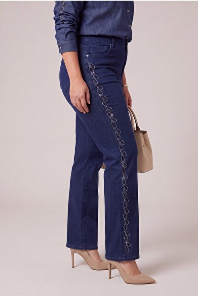 RMG Large Size Jeans with Stone Embellishments on the Sides, Navy Blue