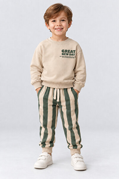 AHENGİM Boy's Great New Day Printed Sweatshirt and Striped Sweatpants 2-Piece...