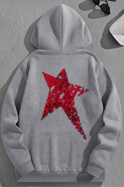K KOZZ STYLE Unisex 3-κλωνο βαμβακερό γκρι φούτερ με στάμπα RedStar, φαρδιά ε...