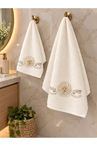 AHSEN TASARIM 2-Piece Flower-Detail Cotton Towel Set with Mother and Daughter...