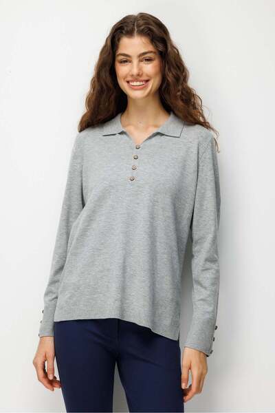 Desen Triko Women's Polo Collar Knitwear Blouse with Buttons on Front and Sle...