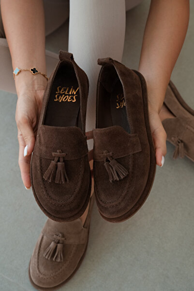 selin shoes Belluno Дамски мокасини от естествена кожа с пискюли - КАФЯВ ВЕЛУР