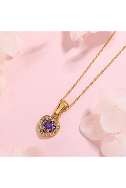 Peach Jewelry Μενταγιόν Καρδιά Με Μωβ Κρύσταλλο Και Ζιρκόν Ανοξείδωτο Ατσάλι 304