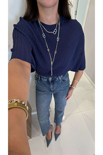 BİRCANÇİL Lesra Navy Blue Crew Neck Ribbed Poncho Knitwear