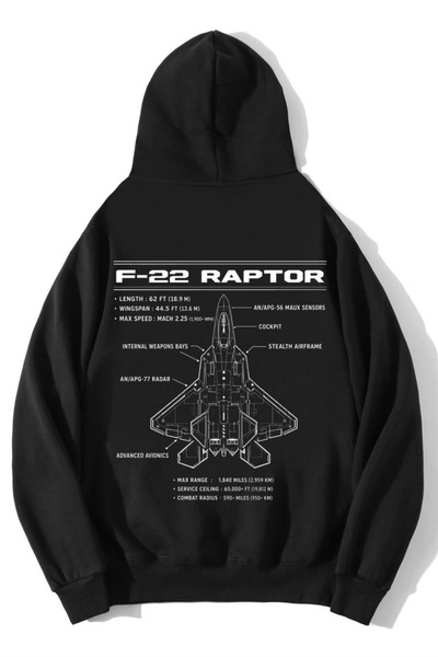 BRZ COLLECTION Unisex Oversize F-22 Raptor Hoodie Siyah