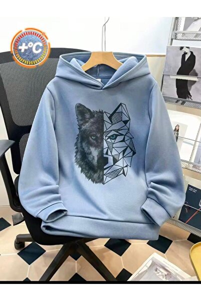 MORNİNG KİDS Boys' Hooded Sweatshirt with Wolf Print (Baby Blue)