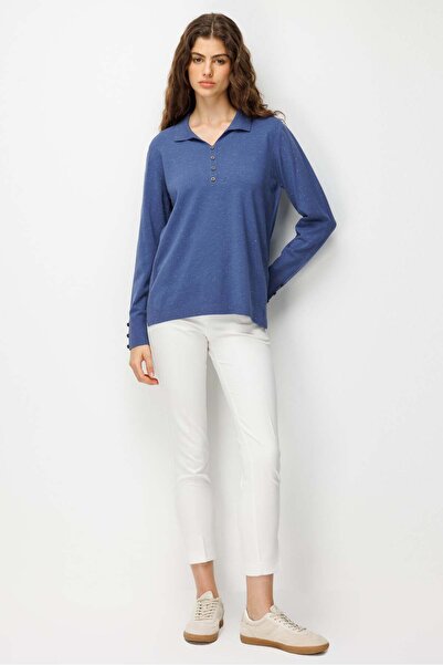 Desen Triko Women's Polo Neck Knitwear Blouse with Buttons on Front and Sleev...