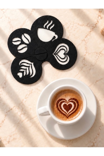 Kahve Stencil Şablon 4’lü Set Orta boy – Espresso ve Küçük Fincanlar İçin Kahve Köpüğü Süsleme Kalıpları