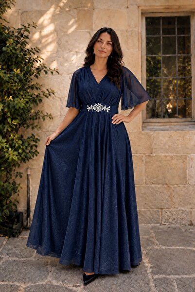 HİRAMİR Kadın Büyük Beden Siyah Taş Kemer Detaylı Maxi Boy Abiye Elbise YZ2740