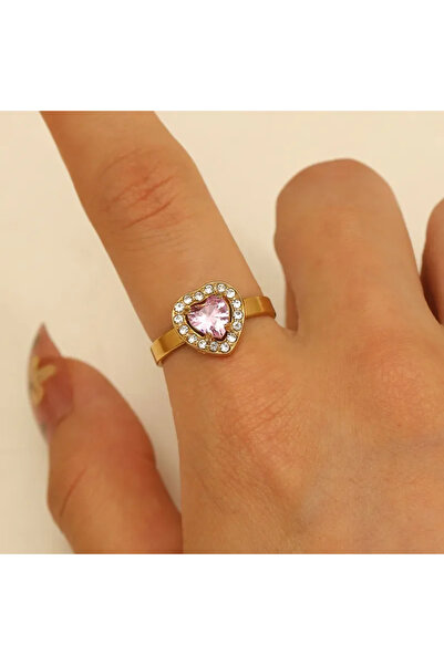 Peach Jewelry Δαχτυλίδι Καρδιά Ροζ με Λευκά Ζιργκόν Ανοξείδωτο Ατσάλι 304