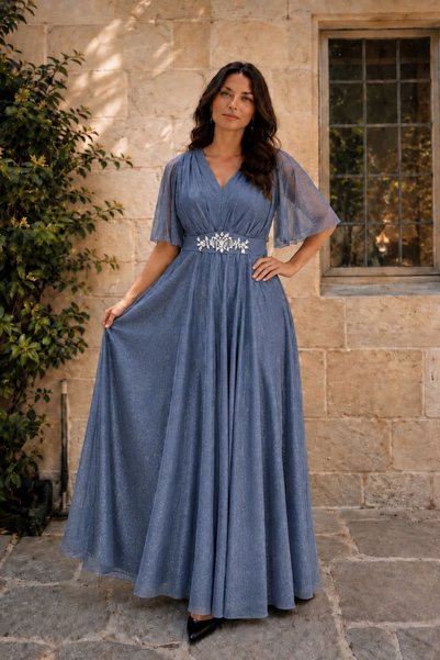 HİRAMİR Kadın Büyük Beden Siyah Taş Kemer Detaylı Maxi Boy Abiye Elbise YZ2740