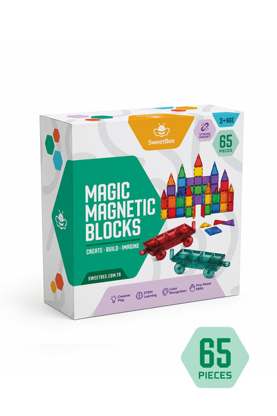 SWEETBEE Manyetik Yapı Blokları 65 Parça (2 Araç Dahil) - Renkli 3D Mıknatısl...