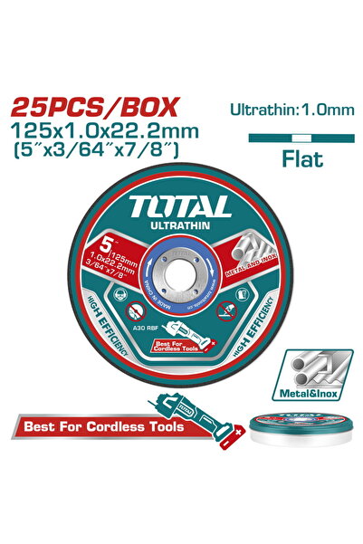 TOTAL Δίσκος Κοπής Ίσιος INOX/Μέταλλο 125 X 1mm 25 τεμάχια σε μεταλλικό κουτί...