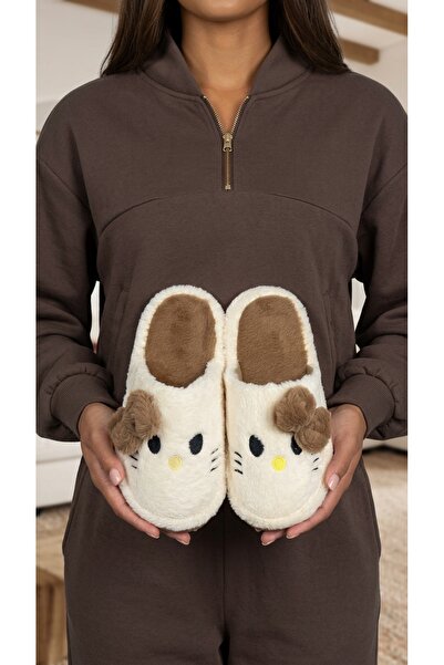 Beyond Women's Brown Hello Motif Furry House Slippers 3 cm Byndti̇mjhk01