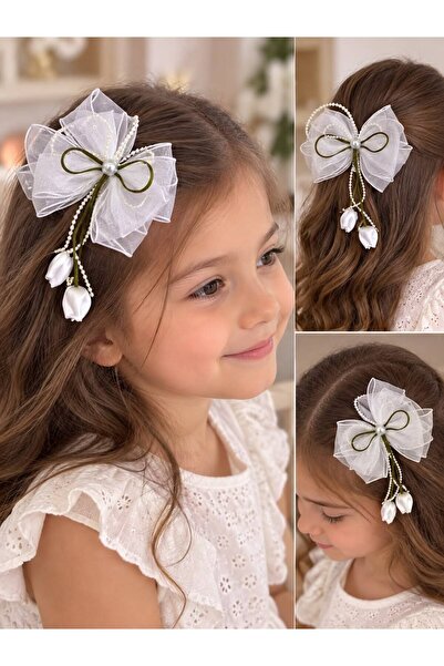 ESTEKS DANTEL Girl's White Tulle Bow 2-Piece Hair Clip with Pearl and Flower ...