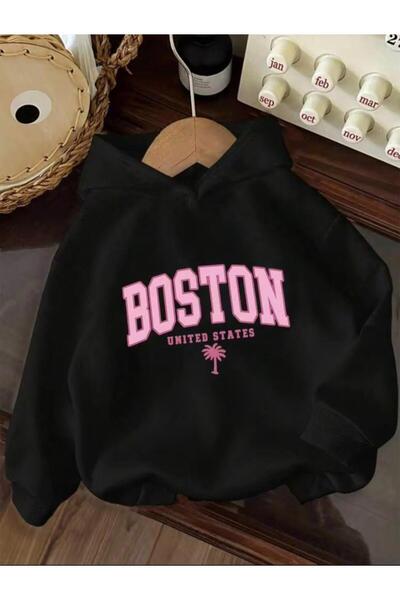 MORNİNG KİDS Kız Çocuk 3'lü Paket Kapşonlu Boston Brooklyn Los Angeles Baskılı Sweatshirt (Pembe-Siyah-Gri)