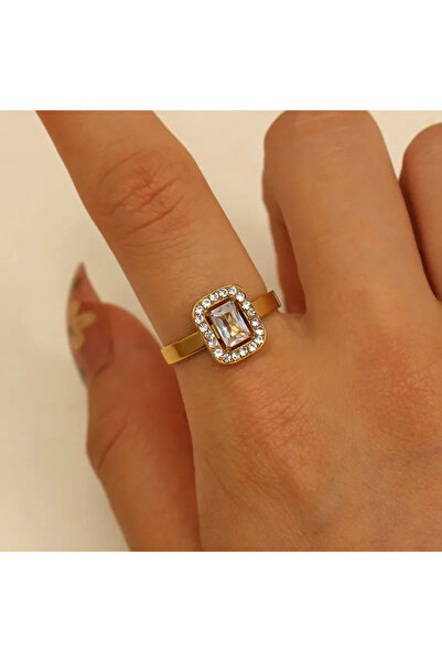 Peach Jewelry Ορθογώνιο Δαχτυλίδι με Λευκά Ζιργκόν από Ανοξείδωτο Ατσάλι 304