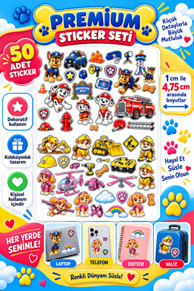 NEORA Paw Patrol 50 Adet Sticker Seti | Karakter Çıkartmaları