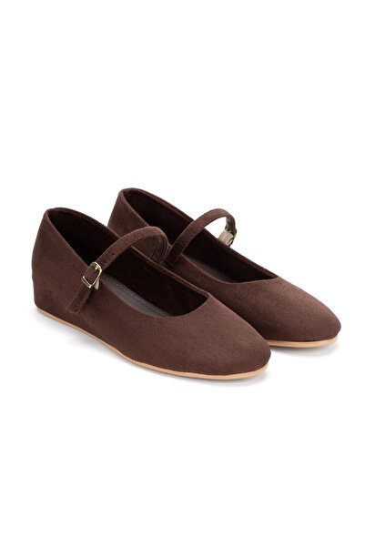 MFT AYAKKABI Women's Brown Suede Ballerina Buckle Wedge Heel Daily and Evenin...