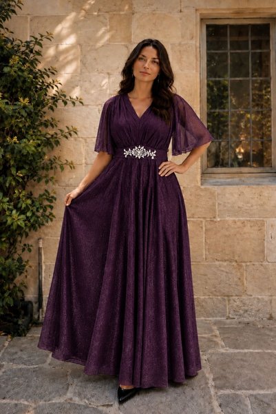 HİRAMİR Kadın Büyük Beden Siyah Taş Kemer Detaylı Maxi Boy Abiye Elbise YZ2740