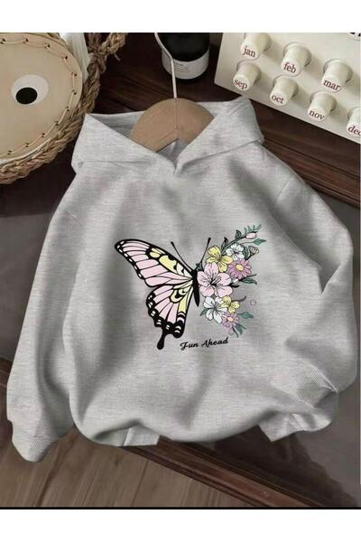 MORNİNG KİDS Kız Çocuk 3'lü Paket Kapşonlu Papatyalar ve Kelebek Baskılı Sweatshirt (Pembe-Siyah-Gri)