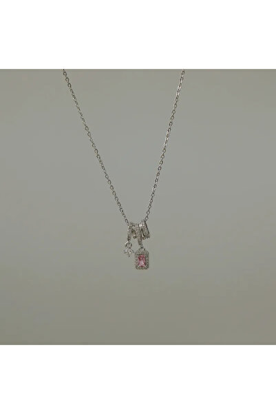 Peach Jewelry Μενταγιόν Κυκλική Σύνθεση Με Λευκά Ζιρκόν Ορθογώνιο Ροζ Κρύσταλ...