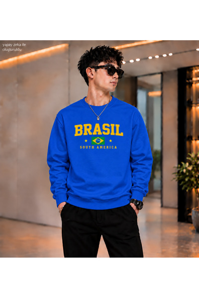 caddekombin Men's Brasil Brazil Flag Printed Crew Neck Casual Regular Fit Swe...