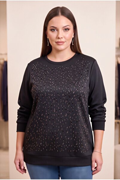 RMG Stone Detailed Large Size Modal Knitted Sweatshirt Black