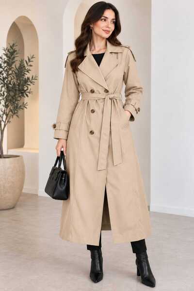 GİYİYORUM Women's Kruvaze Yka Belted Long Trench Coat - with Buttons and Belt