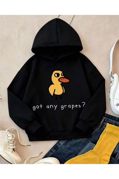 MORNİNG KİDS Boy-Girl Sweet Goose Printed Hooded Black Sweatshirt