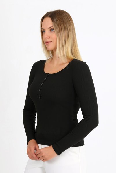 HDM Women's Black Long Sleeve Ribbed Basic Knitted Blouse with Snap Buttons - H6172