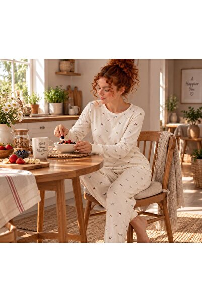NoaLoungwear FİYONK BASKILI PİTİKRE ÖRGÜLÜ WAFFLE KUMAŞ PİJAMA TAKIMI