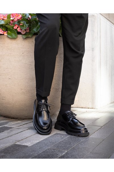 TETRİ Italian Model Genuine Leather Handmade Black Open Leather Casual Shoes