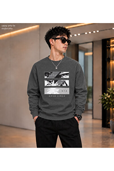 caddekombin Men's California Good Vibes Palm Tree Printed Crew Neck Casual Re...