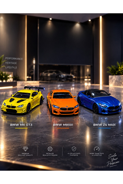 PONİKİDO Msz Bmw Set of 3 Metal Die-Cast Model Toy Cars M6 Gt3 M850I Z4 M40I