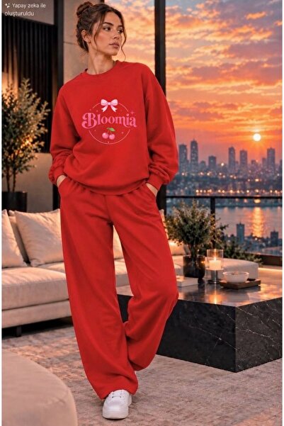 caddekombin Women's Bloomia Cherry and Ribbon Printed Crew Neck Regular Fit W...