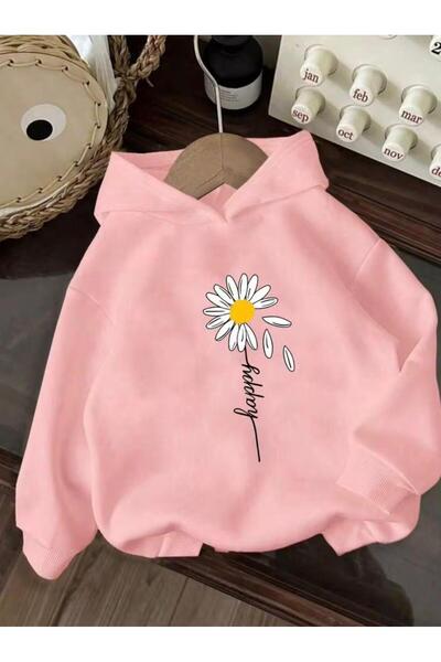 MORNİNG KİDS Kız Çocuk 3'lü Paket Kapşonlu Papatyalar ve Kelebek Baskılı Sweatshirt (Pembe-Siyah-Gri)