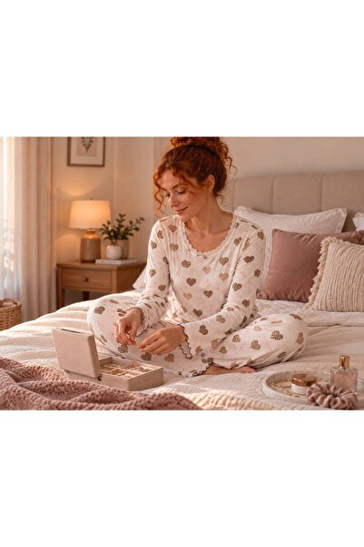 NoaLoungwear LEOPAR KALP VE FİYONK DESENLİ YUMUŞAK DOKULU FİTİLLİ ÖRME PİJAMA