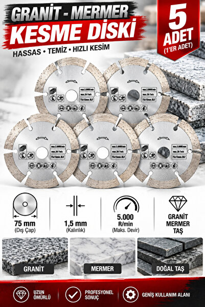 DynamicTech Granit Mermer Kesme Diski 75 mm Elmas Segmentli Doğal Taş Kesim 5'li Set 1,5 mm Profesyonel