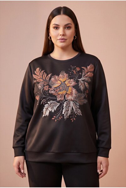 RMG Special Print Detailed Large Size Modal Sweatshirt Black