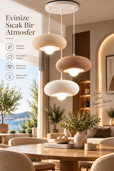Trezon 3’lü Sarkıt Avize Modern Tasarım Dekoratif E27 Beyaz LED Ampul Hediyeli