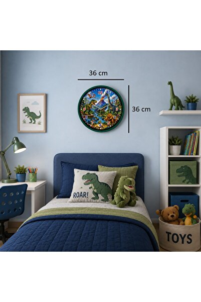TakÇalıştır Dinazor Vadisi Yeşil 36 x 36 Cm Çocuk Duvar Saati