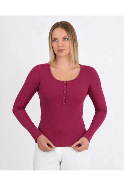 HDM Kadın Bordo Uzun Kollu Fitilli Patlı Çıtçıtlı Basic Örme Bluz - H6172